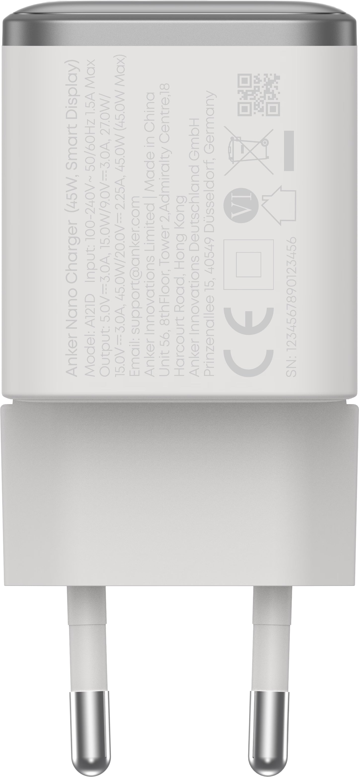 Cargador de Red Anker Nano Display, 45W, 3A, 1 x USB-C, Blanco A121DG21