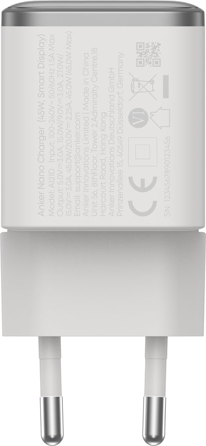 Cargador de Red Anker Nano Display, 45W, 3A, 1 x USB-C, Blanco A121DG21