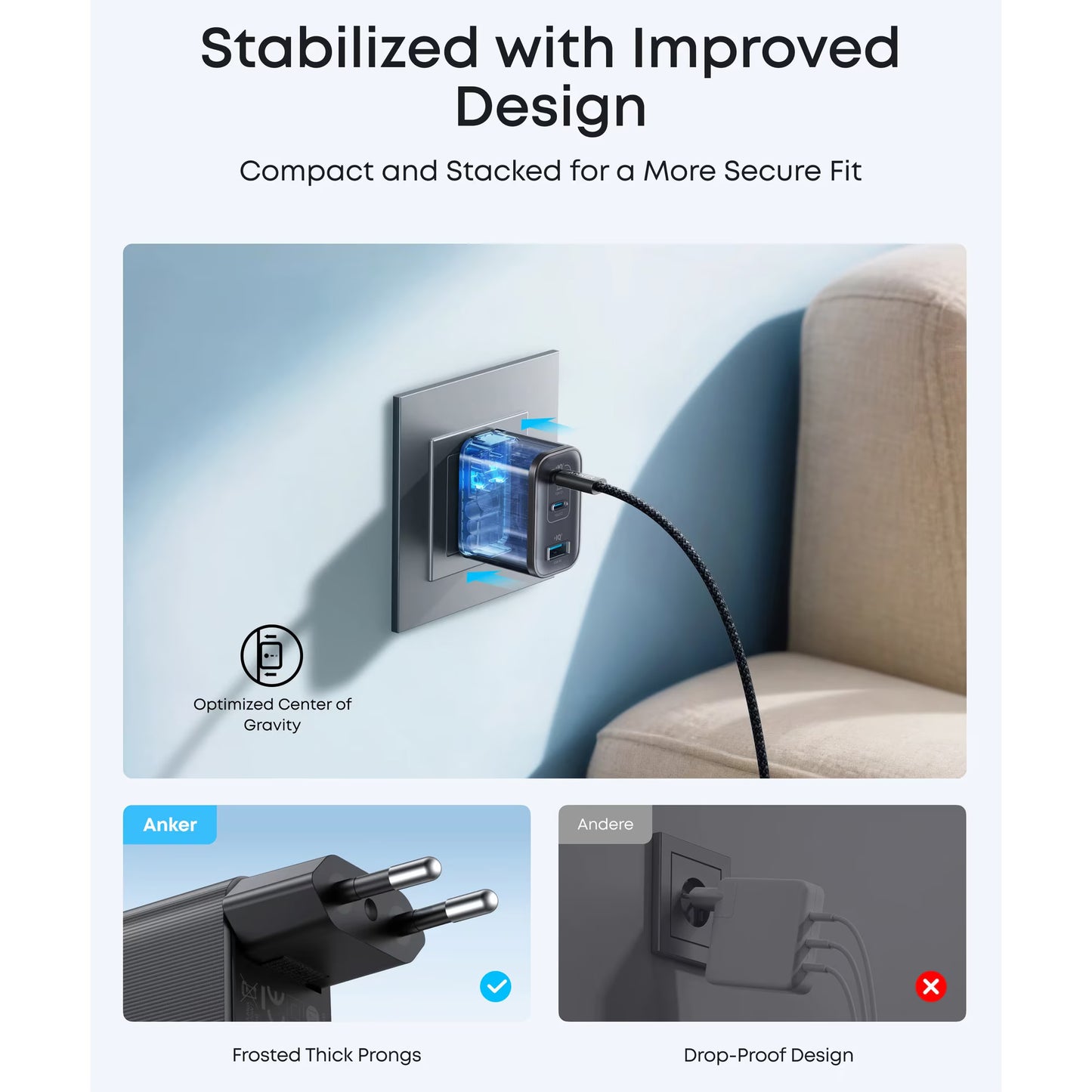 Cargador de Red Anker Nano, 70W, 3.5A, 1 x USB-A - 2 x USB-C, Negro A121AL11