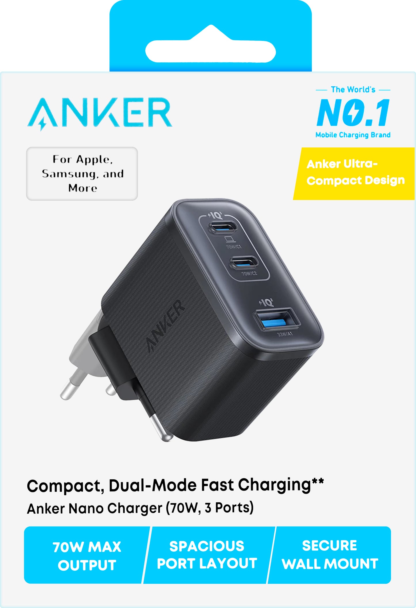 Cargador de Red Anker Nano, 70W, 3.5A, 1 x USB-A - 2 x USB-C, Negro A121AL11