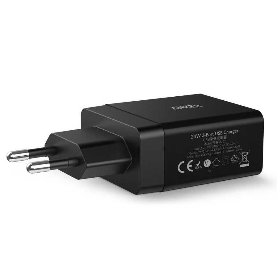 Cargador de red Anker PowerPort, 24 W, 2,4 A, 2 x USB-A, negro A2021L11 