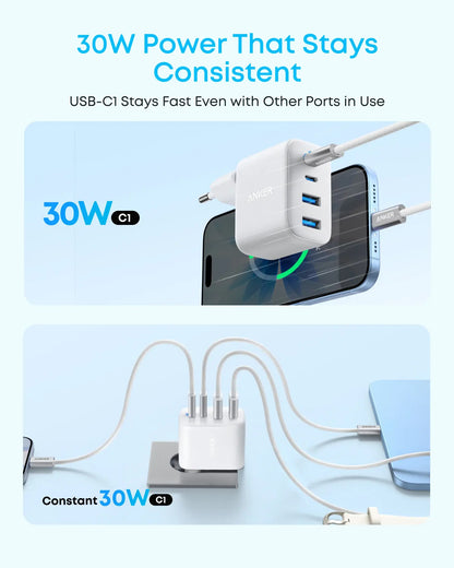 Cargador de Red Anker Zolo, 50W, 3A, 2 x USB-A - 2 x USB-C, Blanco
