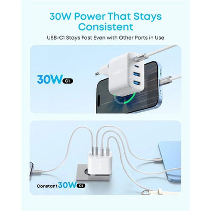 Cargador de red Anker Zolo, 50W, 3A, 2 x USB-A - 2 x USB-C, Blanco A121EG21