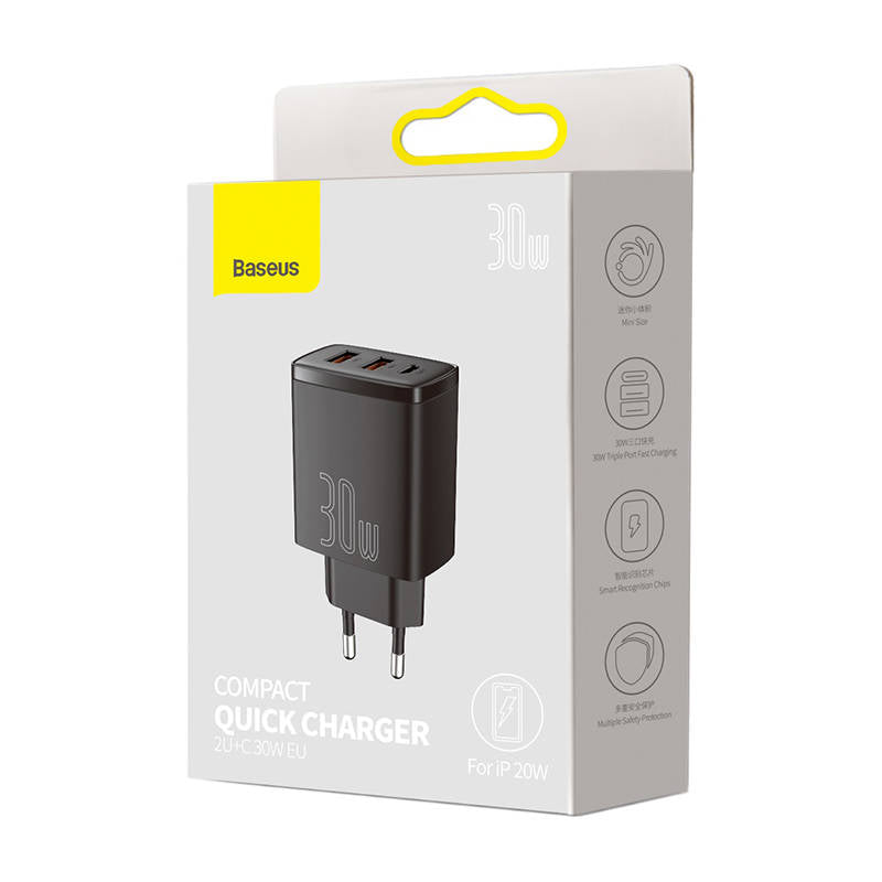 Cargador de red compacto Baseus, 30 W, 3 A, 1 x USB-C - 2 x USB-A, negro CCXJ-E01