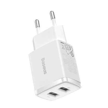 Cargador de Red Baseus Compact, 10.5W, 2.1A, 2 x USB-A, Blanco CCXJ010202