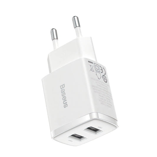 Cargador de Red Baseus Compact, 10.5W, 2.1A, 2 x USB-A, Blanco CCXJ010202