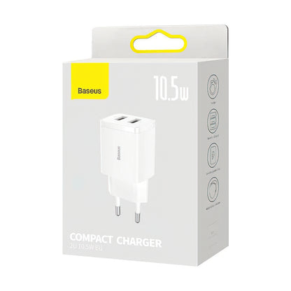 Cargador de Red Baseus Compact, 10.5W, 2.1A, 2 x USB-A, Blanco CCXJ010202