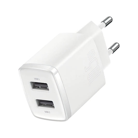 Cargador de Red Baseus Compact, 10.5W, 2.1A, 2 x USB-A, Blanco CCXJ010202