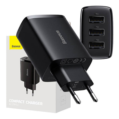 Cargador de red Baseus Compact 3U, 17 W, 2,1 A, 3 x USB-A, negro CCXJ020101 