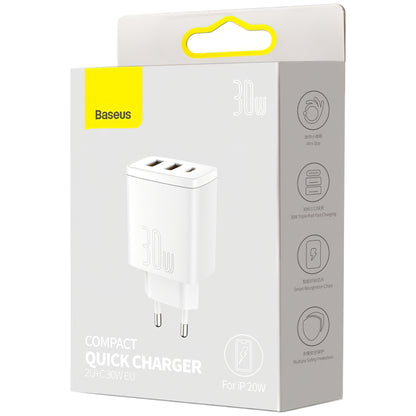 Cargador de red Baseus Compact, 30 W, 1 x USB-C - 2 x USB-A, Blanco CCXJ-E02 