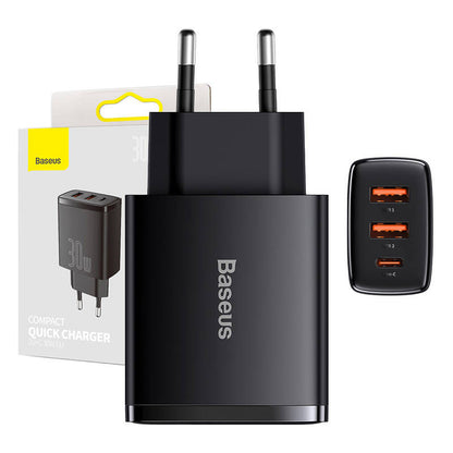 Cargador de red compacto Baseus, 30 W, 3 A, 1 x USB-C - 2 x USB-A, negro CCXJ-E01