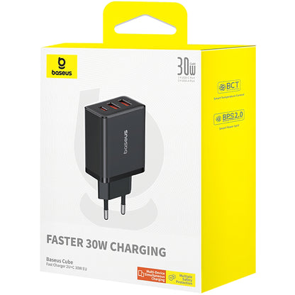 Cargador de red Baseus Cube, 30 W, 3 A, 1 x USB-C - 2 x USB-A, negro P10111402113113-00 