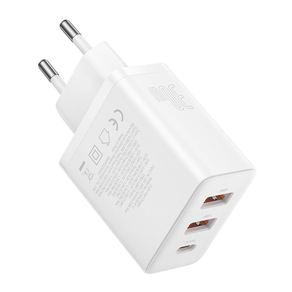 Cargador de Red Baseus Cube, 30W, 3A, 2 x USB-A - 1 x USB-C, Blanco P10111402213-00