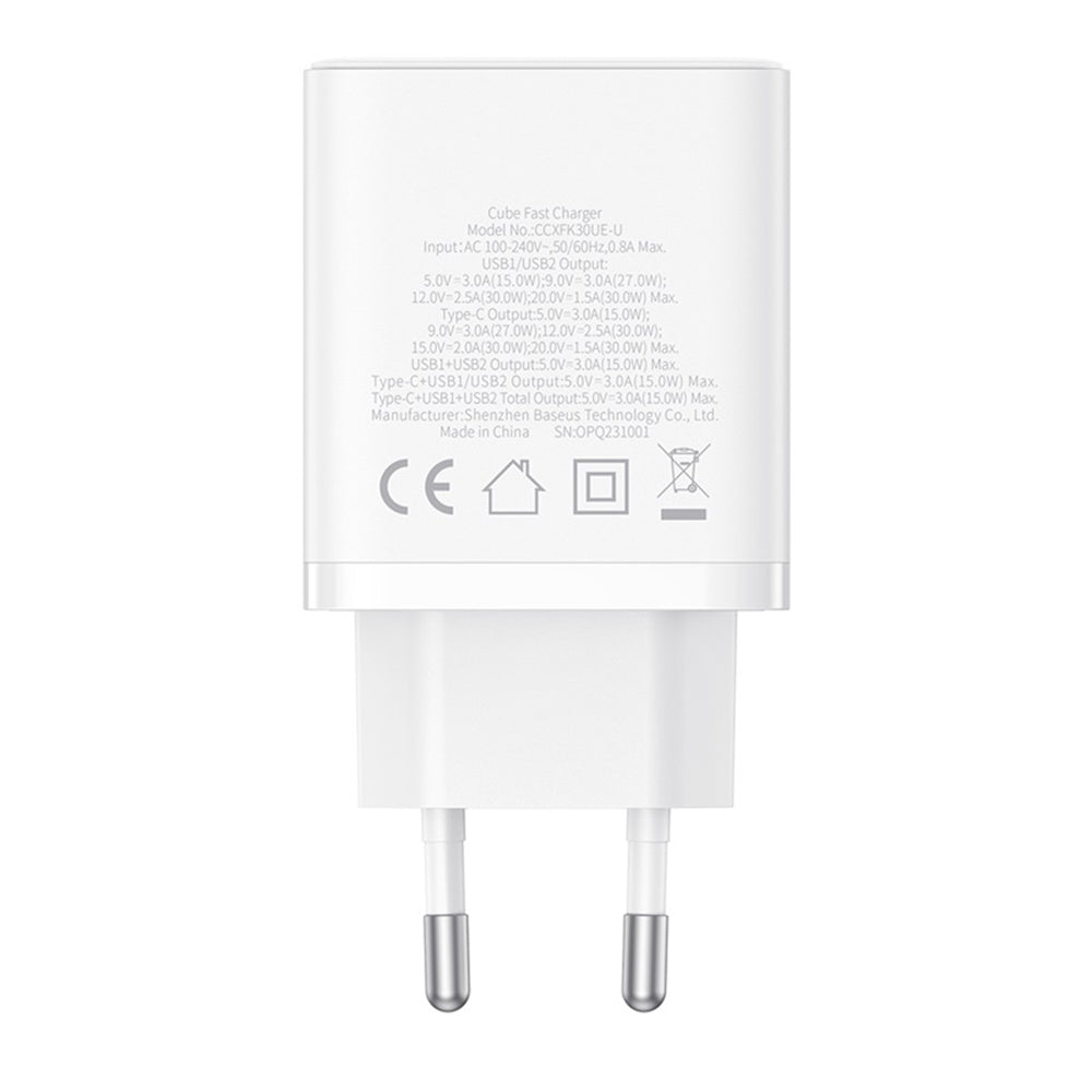 Cargador de Red Baseus Cube, 30W, 3A, 2 x USB-A - 1 x USB-C, Blanco P10111402213-00