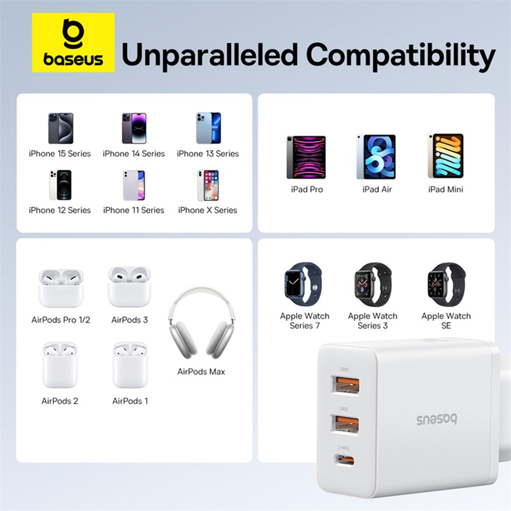 Cargador de Red Baseus Cube, 30W, 3A, 2 x USB-A - 1 x USB-C, Blanco P10111402213-00