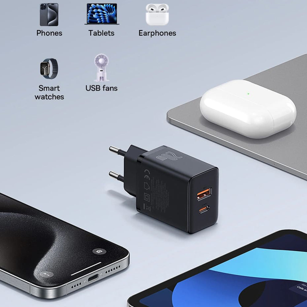 Cargador de red Baseus Cube, 20 W, 3 A, 1 x USB-A - 1 x USB-C, negro P10111403113113-00 