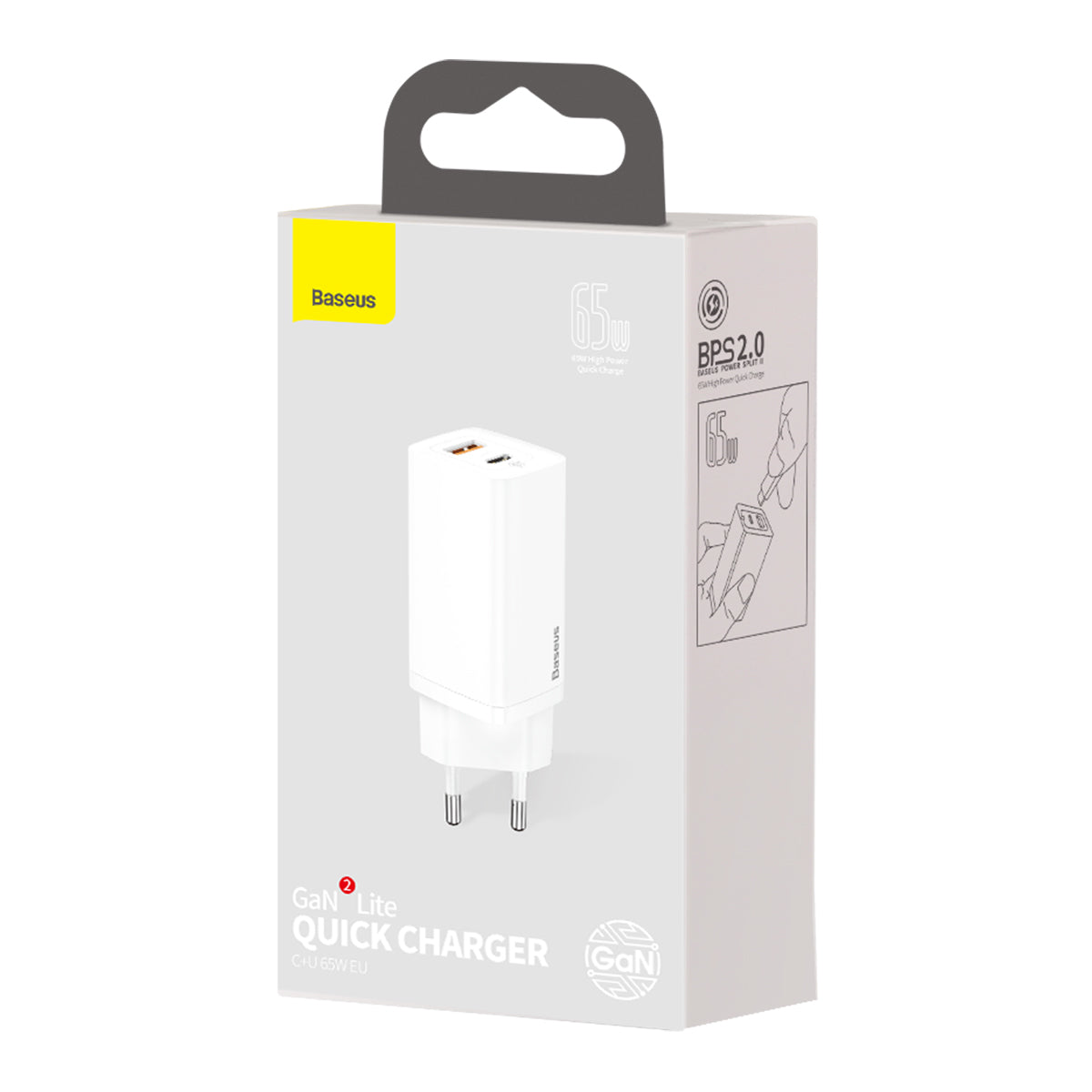 Cargador de red Baseus GaN2 Lite, 65W, 3A, 1 x USB-A - 1 x USB-C, Blanco CCGAN2L-B02 