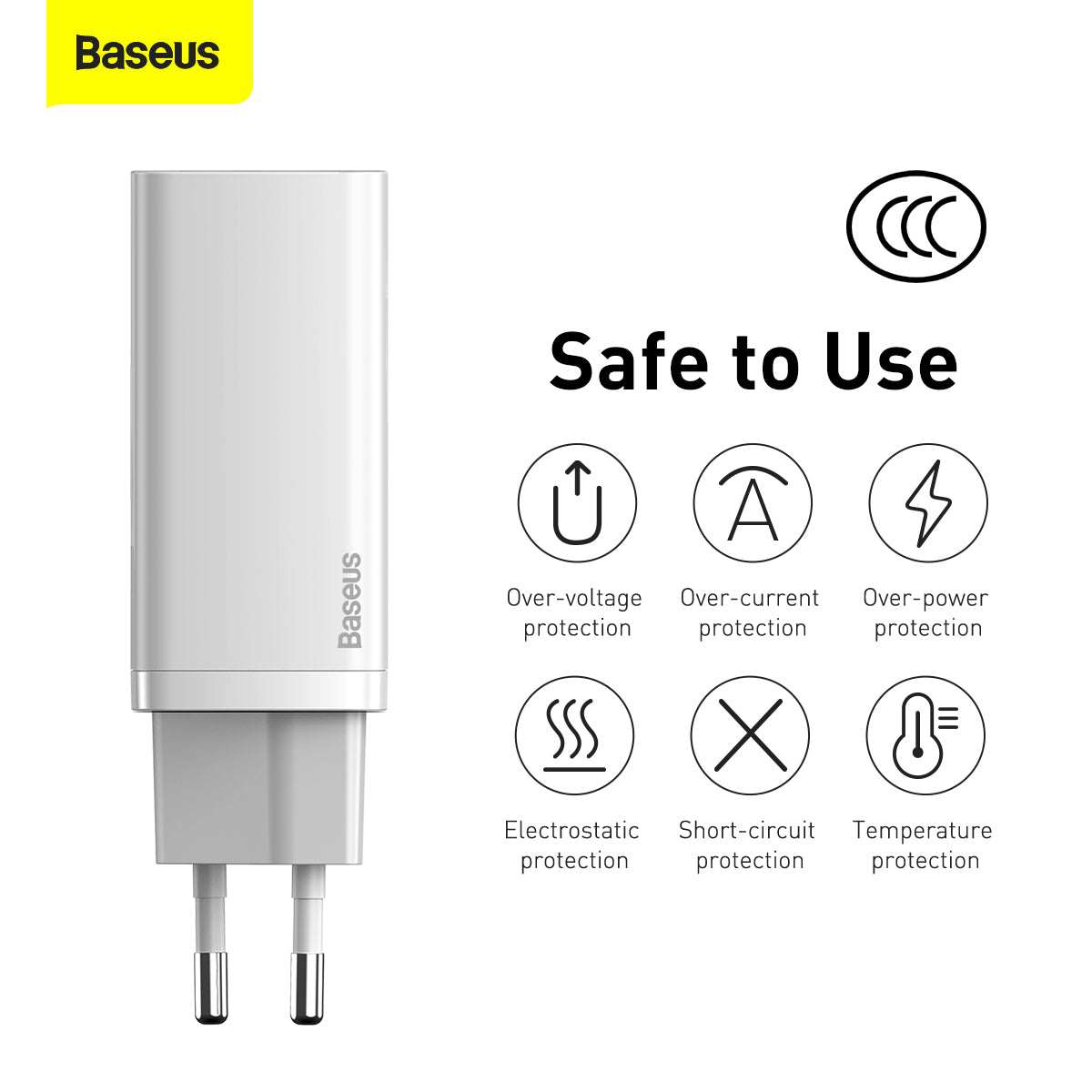 Cargador de red Baseus GaN2 Lite, 65W, 3A, 1 x USB-A - 1 x USB-C, Blanco CCGAN2L-B02 