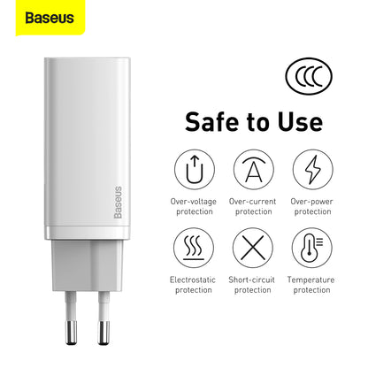 Cargador de red Baseus GaN2 Lite, 65W, 3A, 1 x USB-A - 1 x USB-C, Blanco CCGAN2L-B02 