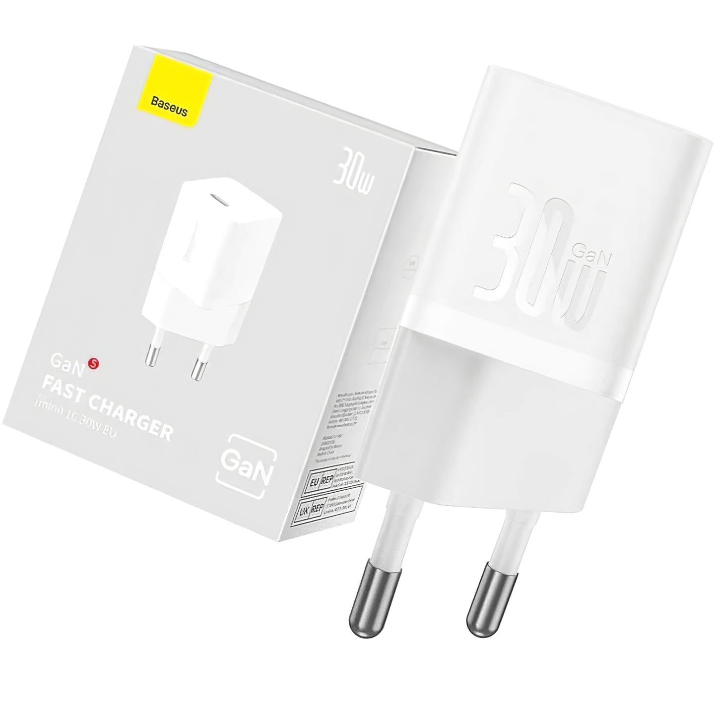 Cargador de red Baseus GaN GaN Mini 1C, 30W, 3A, 1 x USB-C, Blanco CCGN070502