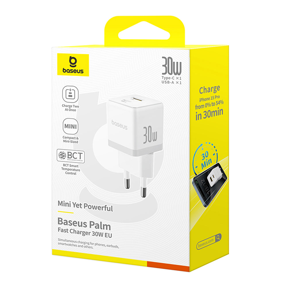 Cargador de Red Baseus Palm, 30W, 3A, 1 x USB-A - 1 x USB-C, Blanco P1011160A213-00