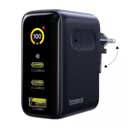Cargador de Red Baseus PicoGo AE21 Display, 100W, 5A, 1 x USB-A - 2 x USB-C, Negro E0121B00