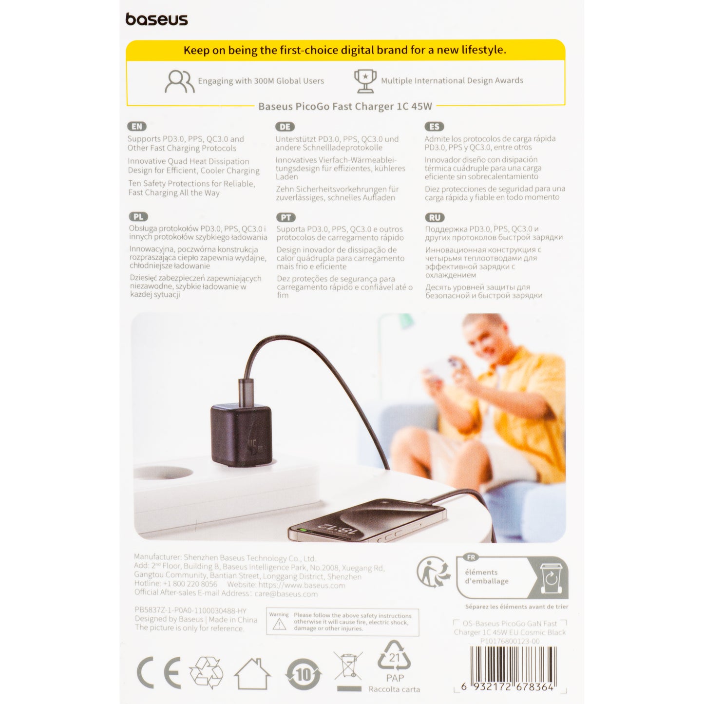 Cargador de Red Baseus PicoGo, 45W, 3A, 1 x USB-C, Negro P10176800123-00