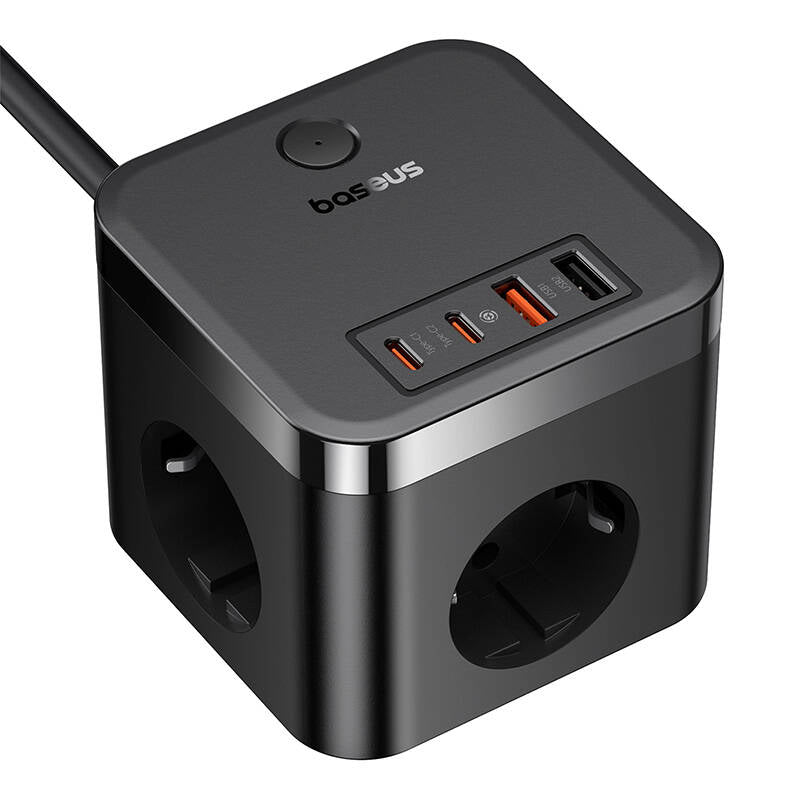 Cargador de red Baseus PowerCombo Cube, 30W, 3A, 2 x USB-A - 2 x USB-C - 3 x Schuko, Negro E00066400117-00 