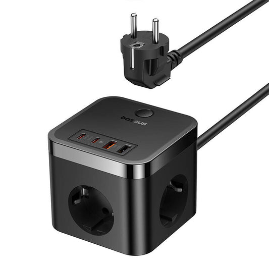 Cargador de red Baseus PowerCombo Cube, 30W, 3A, 2 x USB-A - 2 x USB-C - 3 x Schuko, Negro E00066400117-00