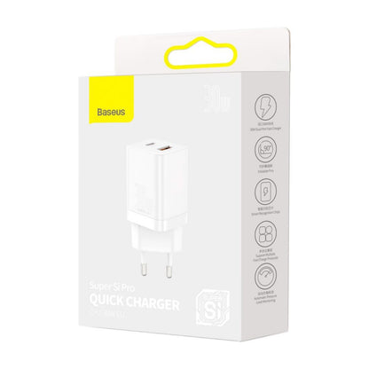 Cargador de red Baseus Super Si Pro, 30W, 3A, 1 x USB-A - 1 x USB-C, Blanco CCSUPP-E02