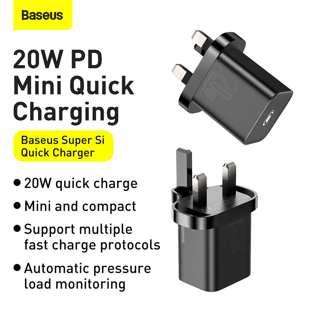 Baseus Super Si UK Network Charger, 20W, 3A, 1 x USB-C, Black CCSUP-K01