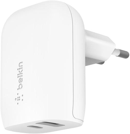 Cargador de Red Belkin BoostCharge Dual, 37W, 3A, 1 x USB-A - 1 x USB-C, Blanco WCB007vfWH
