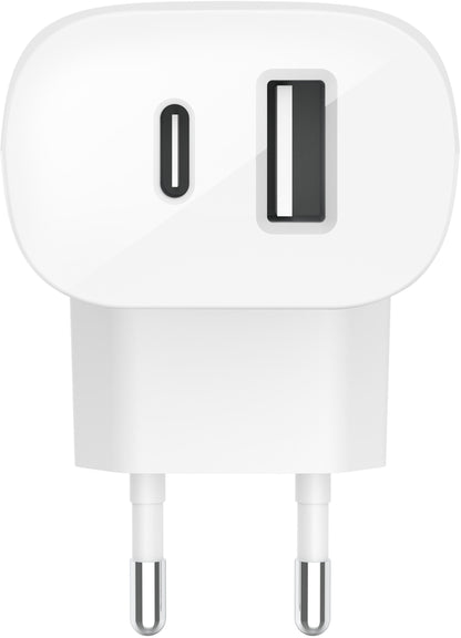 Cargador de Red Belkin BoostCharge Dual, 37W, 3A, 1 x USB-A - x USB-C, Blanco WCB007vfWH