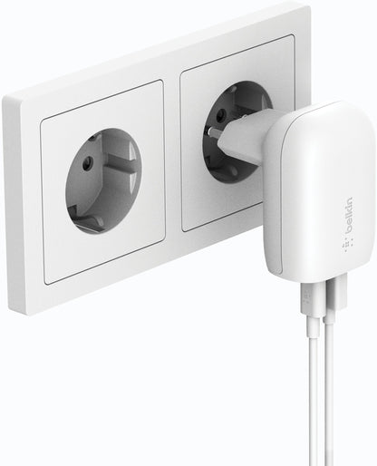 Cargador de Red Belkin BoostCharge Dual, 37W, 3A, 1 x USB-A - x USB-C, Blanco WCB007vfWH