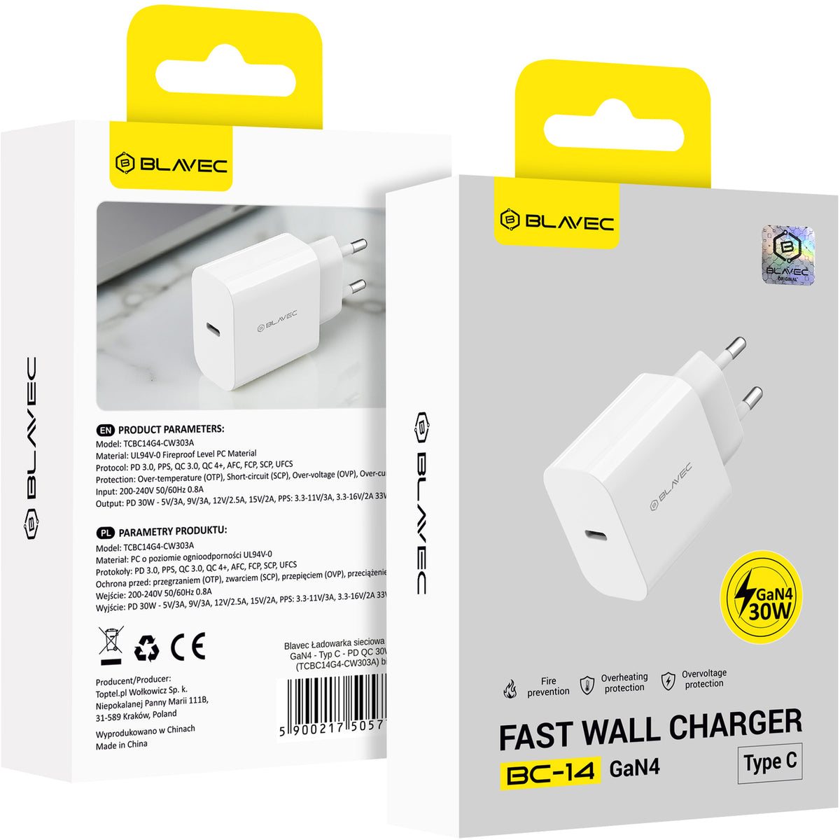 Cargador de red Blavec BC-14, 30 W, 3 A, 1 x USB-C, blanco