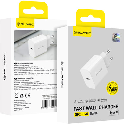 Cargador de red Blavec BC-14, 30 W, 3 A, 1 x USB-C, blanco