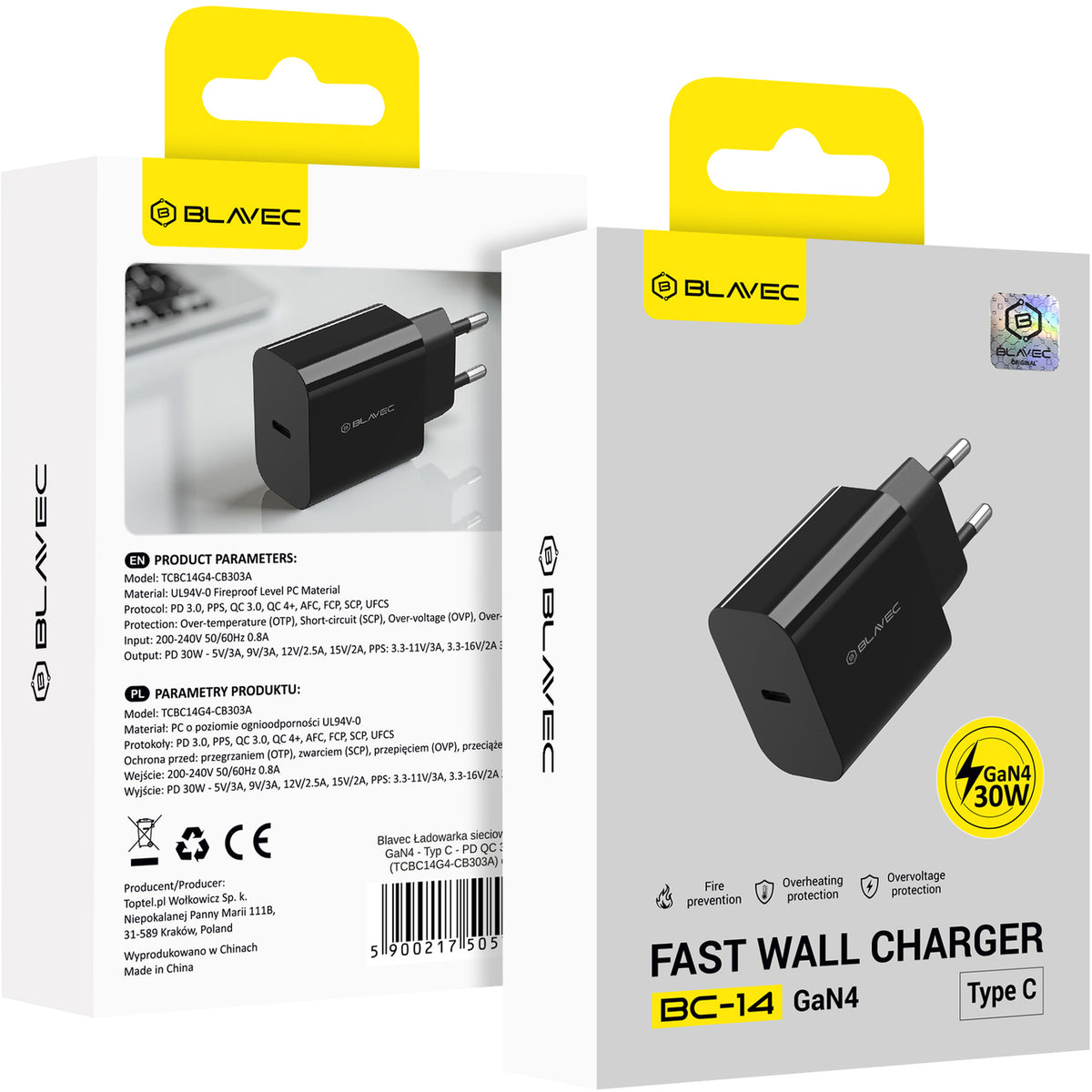 Cargador de red Blavec BC-14, 30 W, 3 A, 1 x USB-C, negro