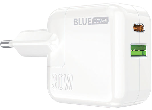 Cargador de red BLUE Power BC111A, 30W, 3A, 1 x USB-A - 1 x USB-C, Blanco 