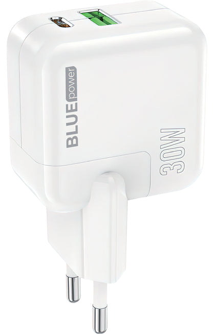 Cargador de red BLUE Power BC111A, 30W, 3A, 1 x USB-A - 1 x USB-C, Blanco 