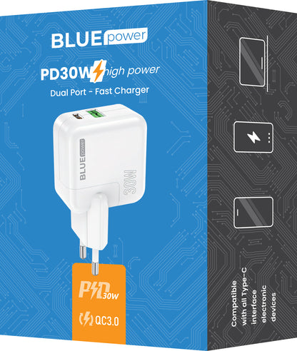 Cargador de red BLUE Power BC111A, 30W, 3A, 1 x USB-A - 1 x USB-C, Blanco 