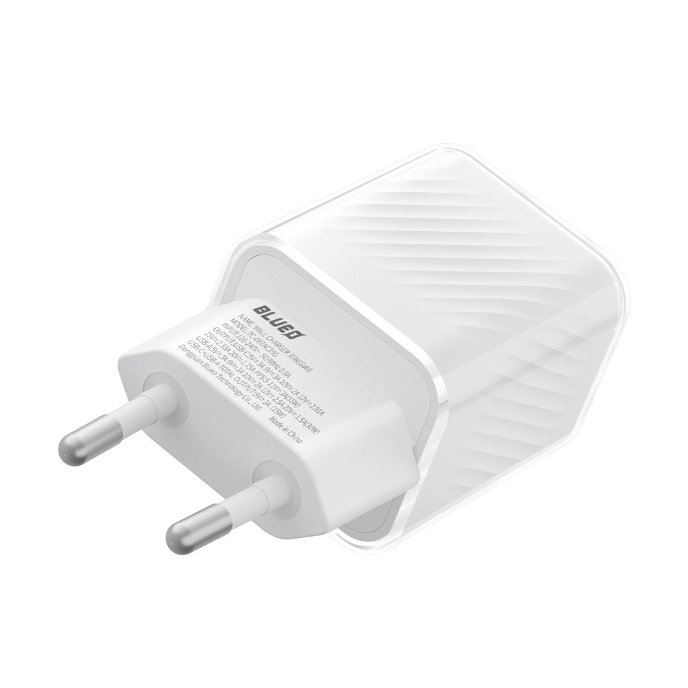 Cargador de Red Blueo, 35W, 3A, 1 x USB-A - 1 x USB-C, Blanco