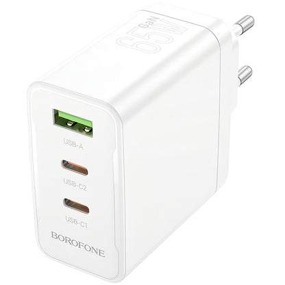 Cargador de red Borofone BN12, 65W, 5A, 1 x USB-A - 2 x USB-C, Blanco