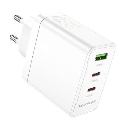 Cargador de red Borofone BN12, 65W, 5A, 1 x USB-A - 2 x USB-C, Blanco