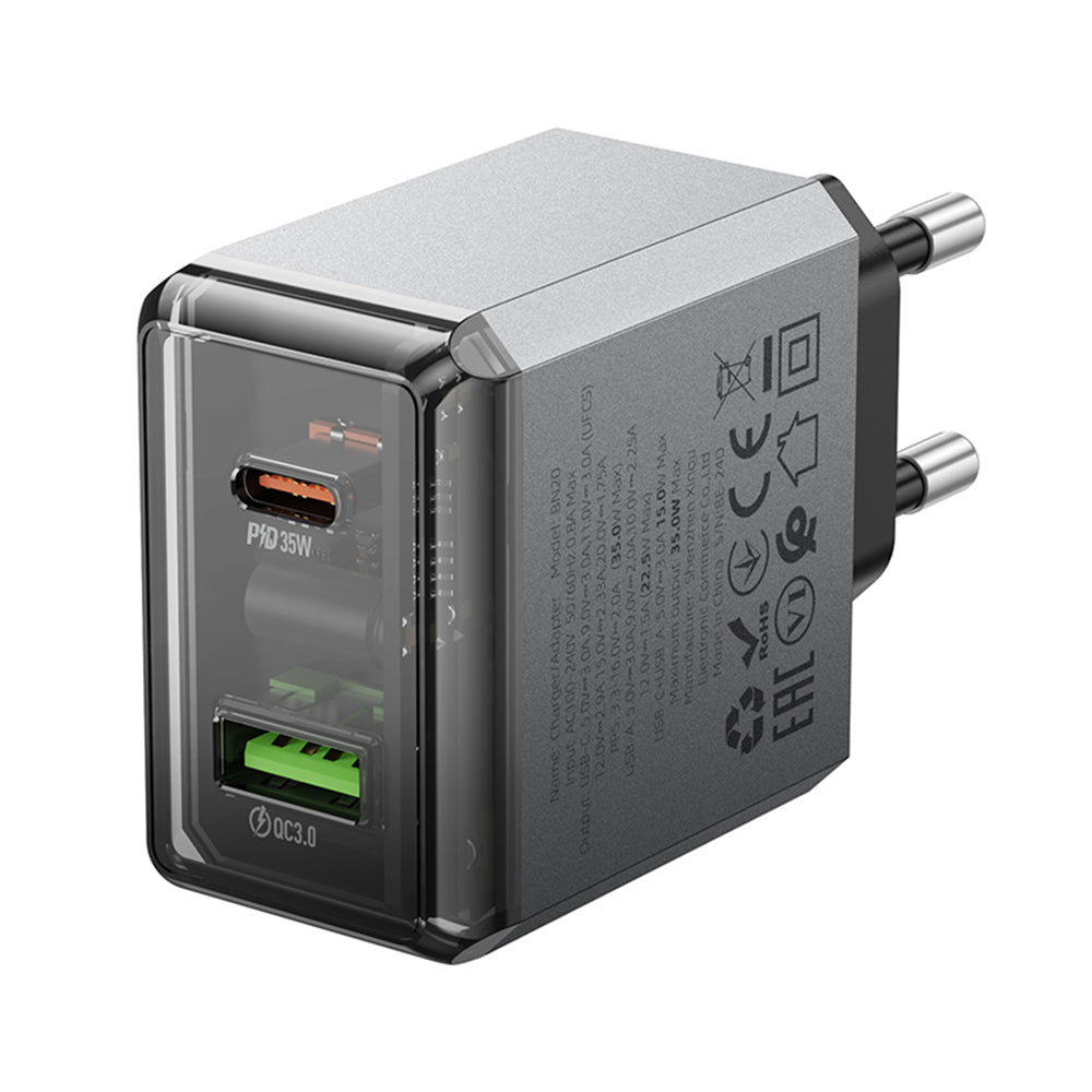 Cargador de Red Borofone BN20 Lena, 35W, 3A, 1 x USB-A - 1 x USB-C, Gris