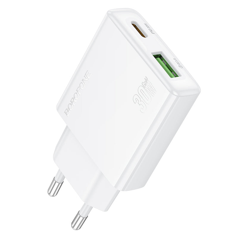 Cargador de red Borofone BN25 Wish, 30W, 3A, 1 x USB-A - 1 x USB-C, Blanco 