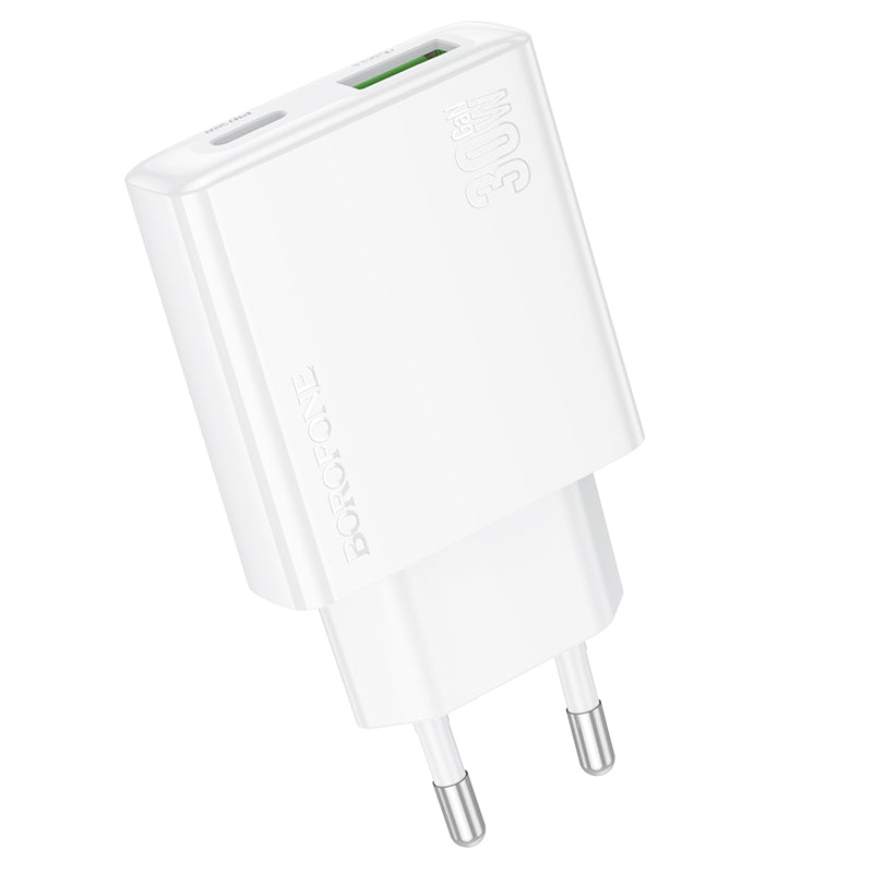 Cargador de red Borofone BN25 Wish, 30W, 3A, 1 x USB-A - 1 x USB-C, Blanco 