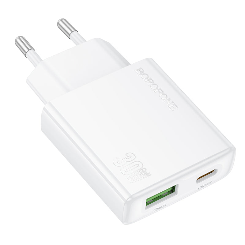 Cargador de red Borofone BN25 Wish, 30W, 3A, 1 x USB-A - 1 x USB-C, Blanco 