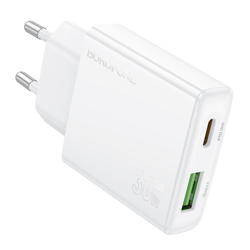 Cargador de red Borofone BN25 Wish, 30W, 3A, 1 x USB-A - 1 x USB-C, Blanco 