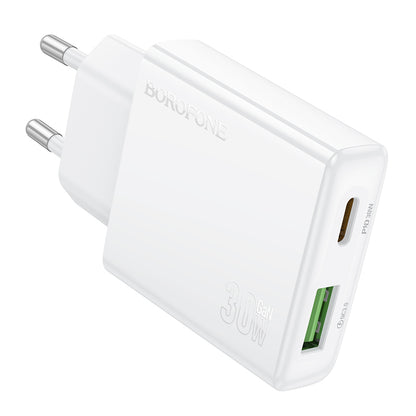 Cargador de red Borofone BN25 Wish, 30W, 3A, 1 x USB-A - 1 x USB-C, Blanco 