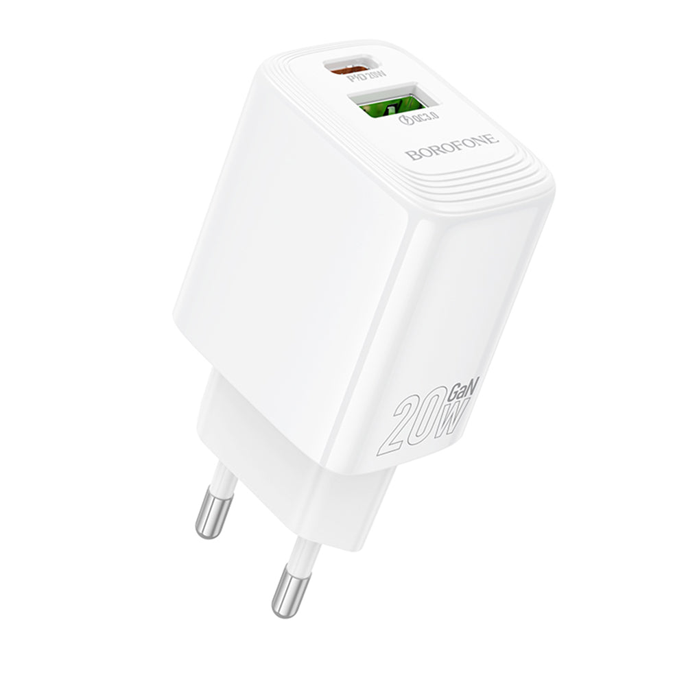 Cargador de Red Borofone BN27 Fuente, 20W, 3A, 1 x USB-A - 1 x USB-C, Blanco
